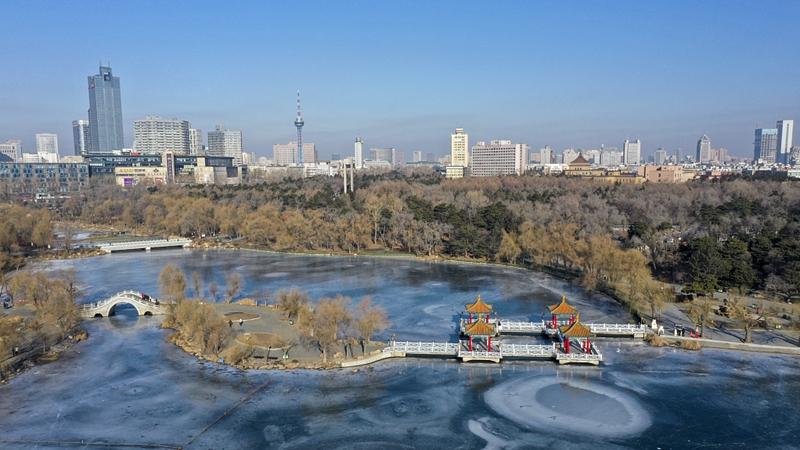 Frozen lake scenery at Nanhu Park in Changchun