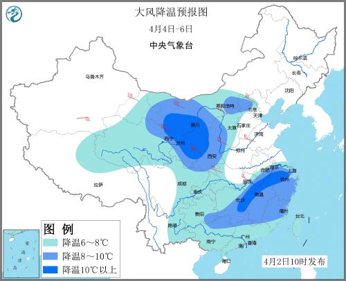 大风降温预报图(4月4日—6日)。图片来源：中央气象台