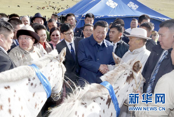 8月22日，国家主席习近平在蒙古国总统额勒贝格道尔吉陪同下前往乌兰巴托市郊观看那达慕。额勒贝格道尔吉向习近平夫妇赠送两匹蒙古马。习近平为两匹马分别取名阿尔泰和克鲁伦，寓意中蒙两国山水相连、睦邻友好。新华社记者 鞠鹏 摄